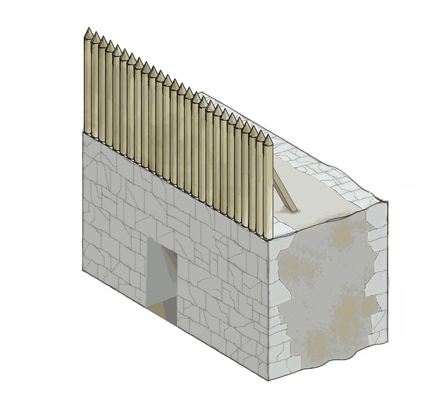 Reconstrución da poterna: un corte oblicuo e disimulado na muralla
